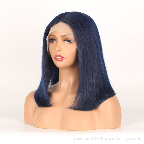 Dark Blue Color Highlight Lace Front Wig,Cheap Human Hair Blue Hair Wigs, Colored Piano Bule Two Tone Lace Bob Wigs